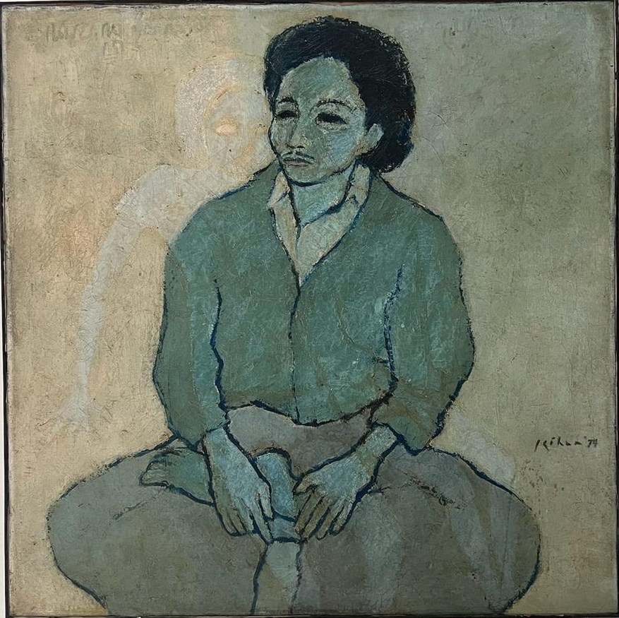 Schilderij van Jeihan, zittende figuur, 1974